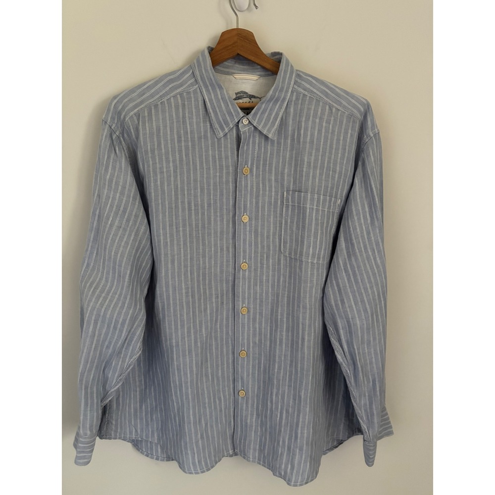 Tommy Bahama Mens XXL Blue White Striped 100% Linen Long Sleeve Button Down